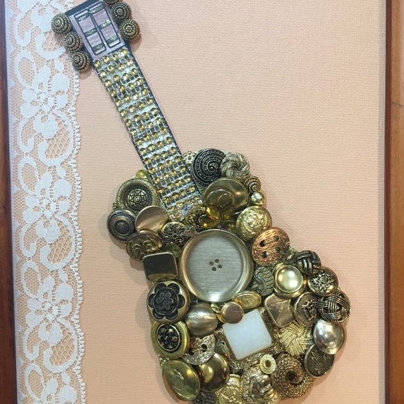 GUITAR Button Artwork on canvas, wall art, framed